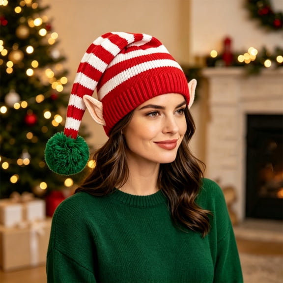 Unisex Christmas Hat Knitted Santa Hat Elf Ear Hats Winter Knitted Crochet Beanie Warm Christmas Hats for Adults Women Men