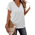 thumbnail image 3 of Womens Lace Trim Summer Tops V Neck Short Sleeve Shirts Blouses Casual Basic Tshirts White XL, 3 of 6