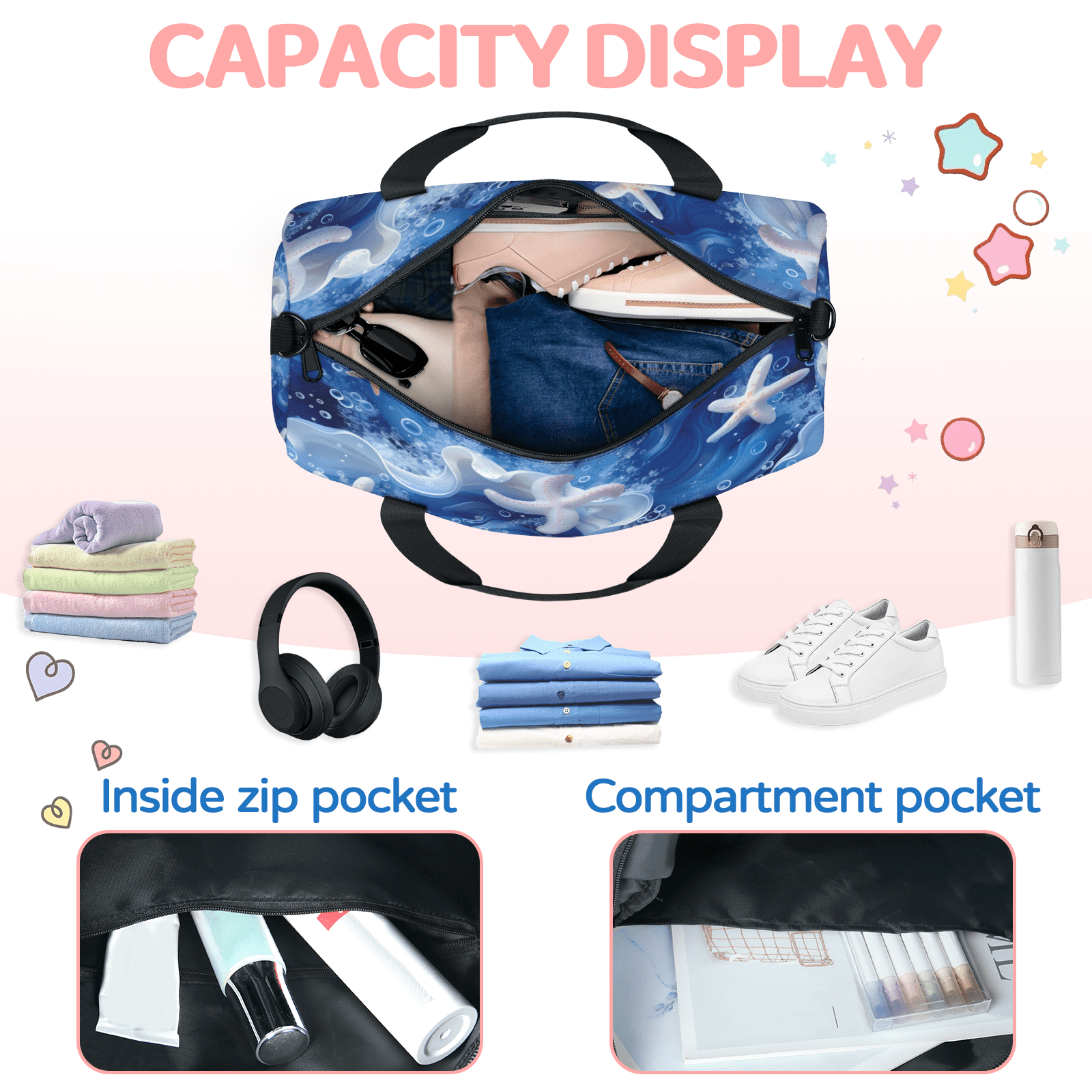 Herdesigns Beach Coastal Nautical Gym Bag for Women, Duffle Bag for Travel Sport, Shell Lightweight Waterproof Carry on Weekender Dance Yoga Workout Bags
