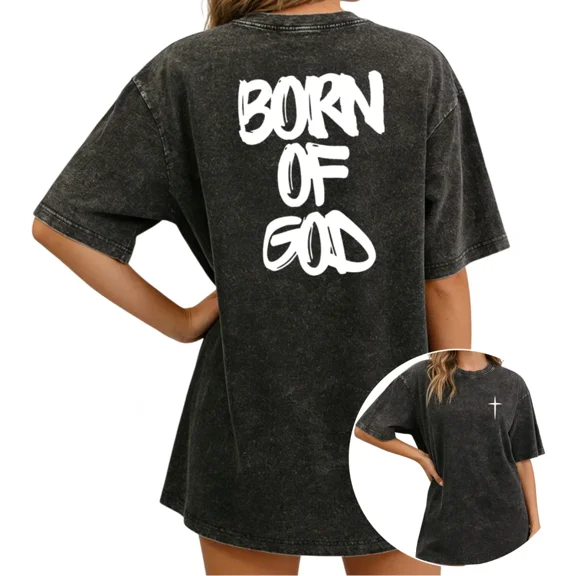 UNISHE Women Born of God Vintage Washed T-Shirt Oversized Short Sleeve Crewneck Loose Fit Christian Cross Faith Graphic Tee