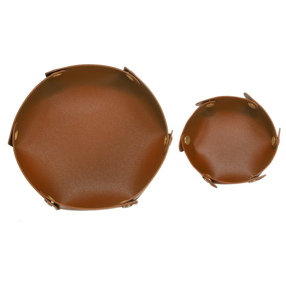 Uxcell 2pcs PU Leather Valet Tray Unisex Folding Round Catchall Tray, Light Brown