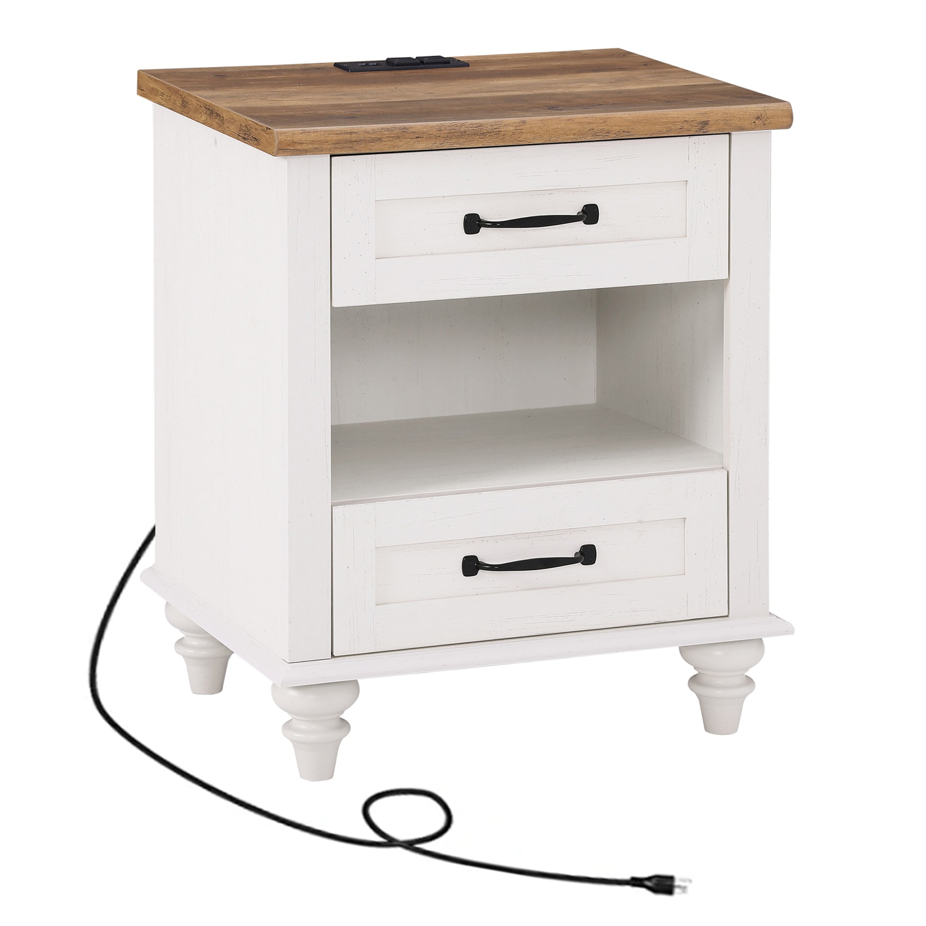 White Nightstand with Charging Station for Bedroom, Wood End Table for Living Room Kids room