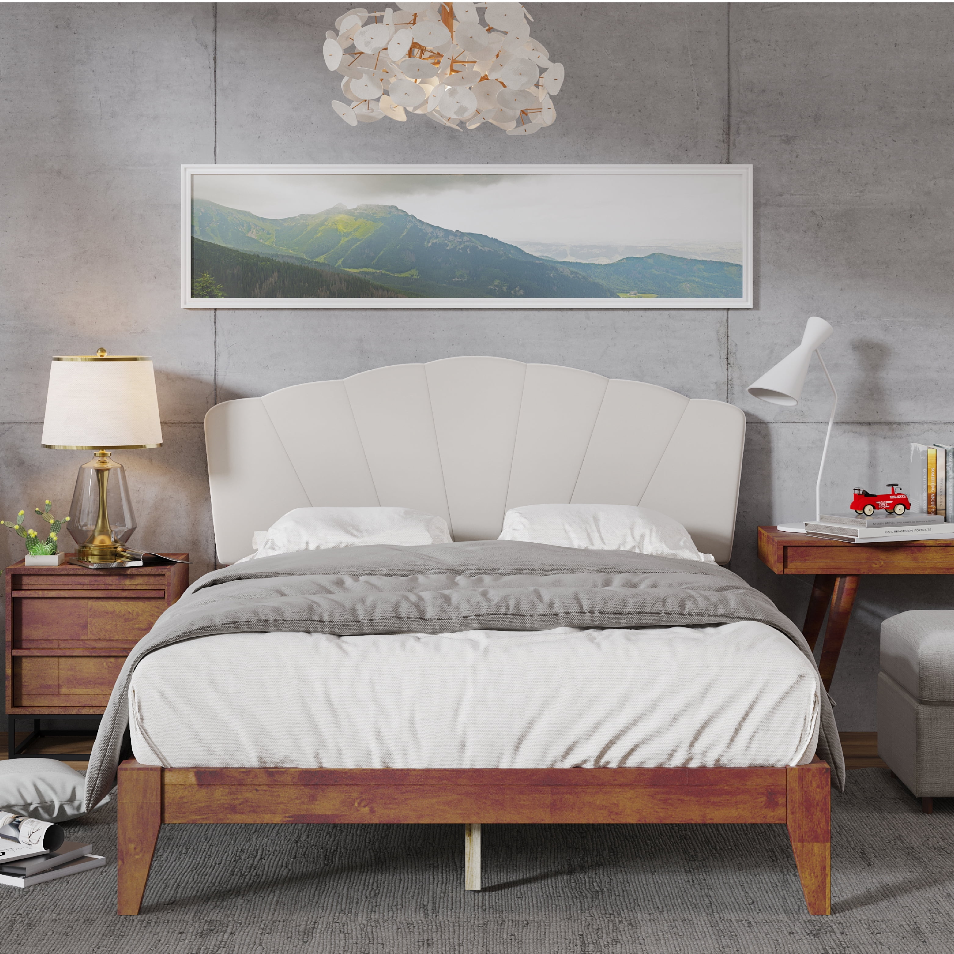 DG Casa Scalloped Headboard Queen Size Solid Rubberwood Platform Bed