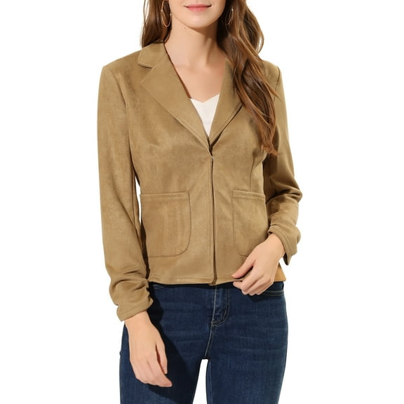 Allegra K Women's Faux Suede Button up Casual Open Front Drawstring Long Sleeve Blazer
