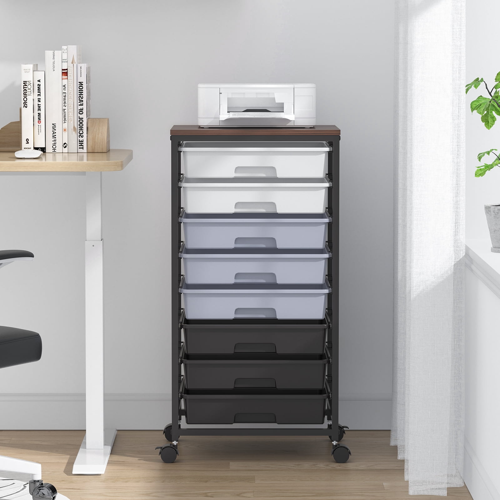 KK KINGRACK Storage Rolling Drawer Cart, Rolling Cart with 8 Drawers and Wooden Tabletop, Metal & Plastic, Gray