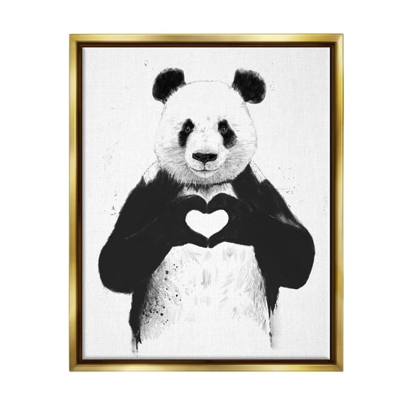 Stupell Industries Black and White Panda Bear Making a Heart Ink Illustration Metallic Gold Framed Floating Canvas Wall Art, 24x30, by Balazs Solti