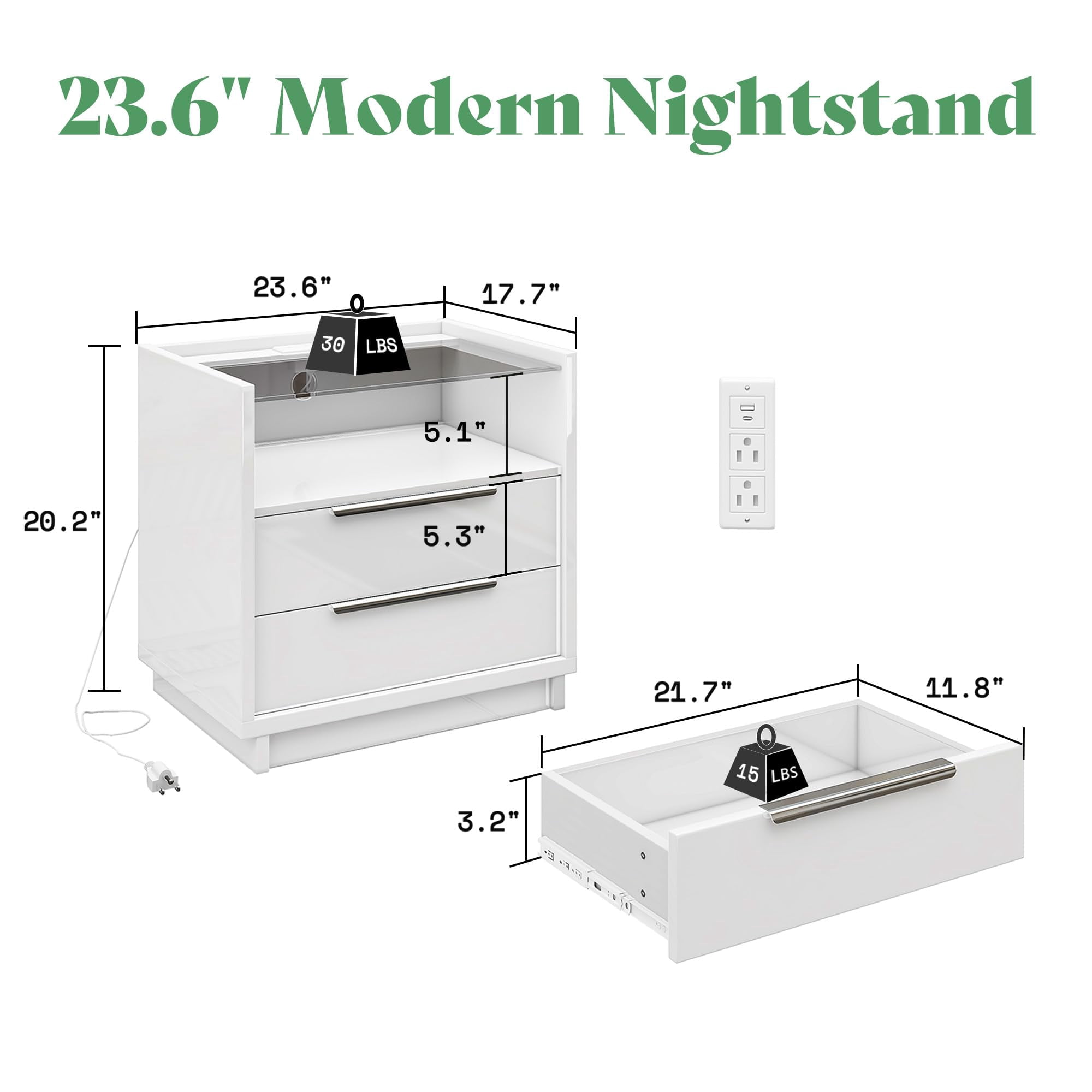 Papajet 23.6" Nightstand Set of 2, High Gloss End Table with Glass Tabletop, Modern Bedside Table with Charging Station for Bedroom, Cream & Gray