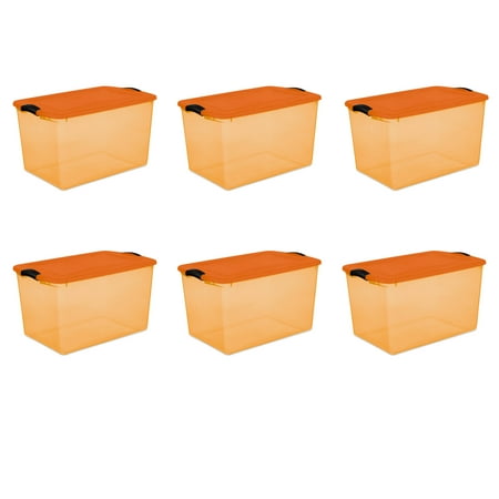 Sterilite 66 Quart Latch Box, Plastic Storage Bin with Lid, Ideal for Fall and Halloween Linens, Costumes, Décor, and More, Orange Tint, 6 Pack