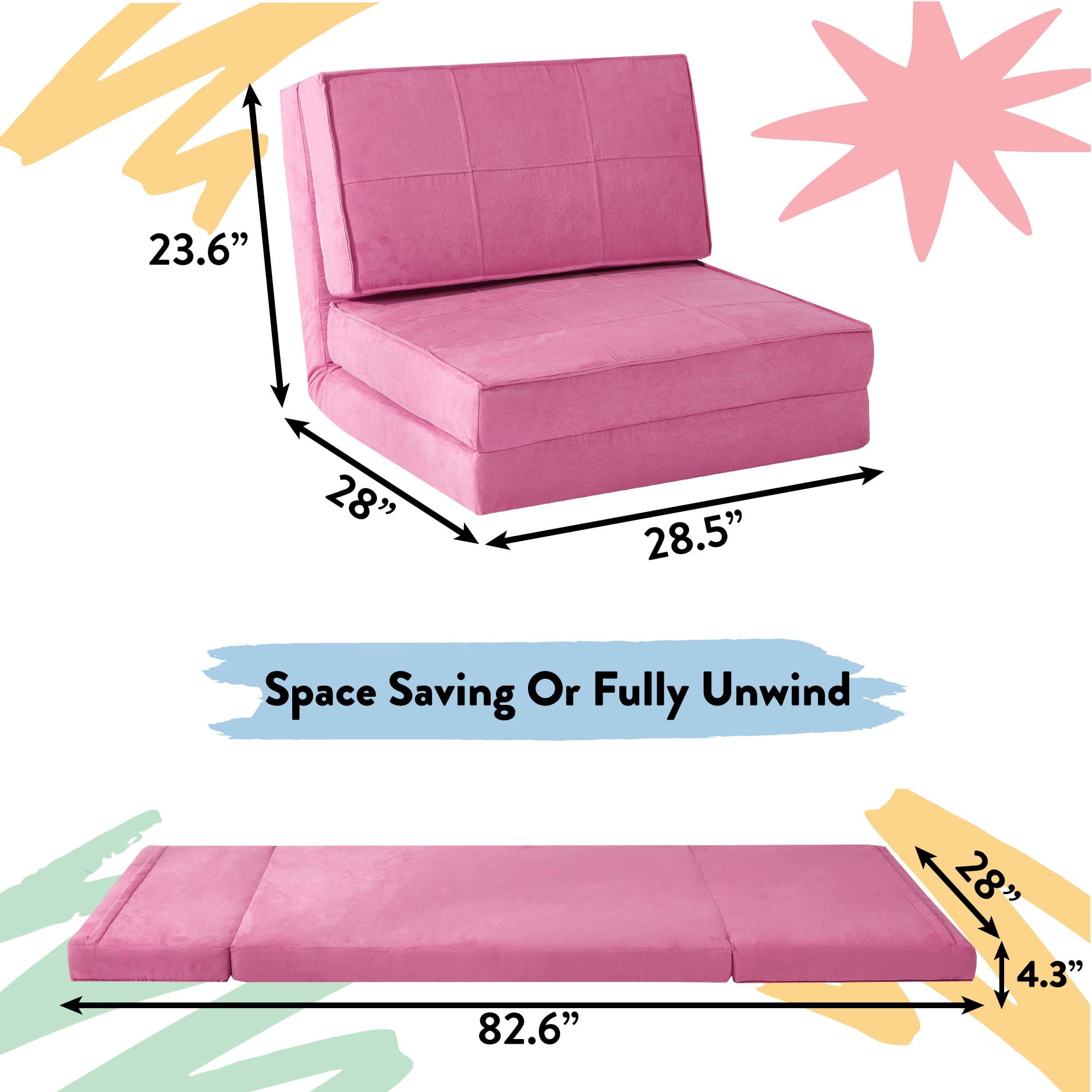 Room Revival Ultra Soft Suede 3 Position Convertible Flip Lounge Chair, Racy Pink
