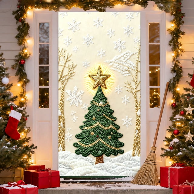 35 X 72 In Stereoscopic Embroidery Style Christmas Door Cover Christmas Door Curtain Christmas Day Door And Wall Decoration Festival Party Decoration