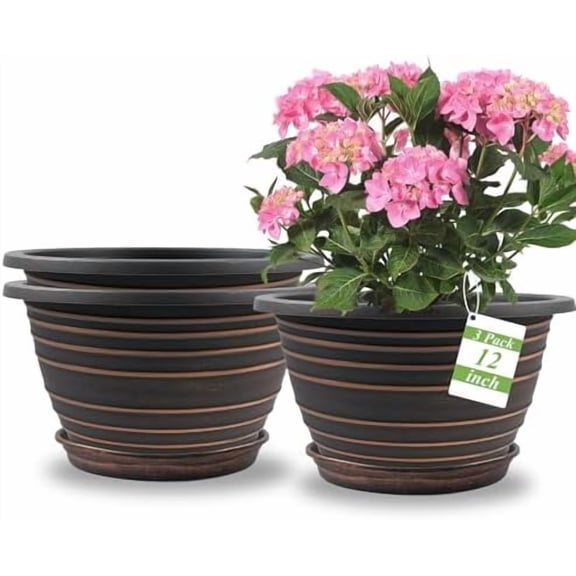 12 Inch Plastic Flower Pot for Indoor and Outdoor Plants, 3 Pack Large Planters with Drainage Holes & Saucers, Retro Antique Imitation Decorative Garden Pots