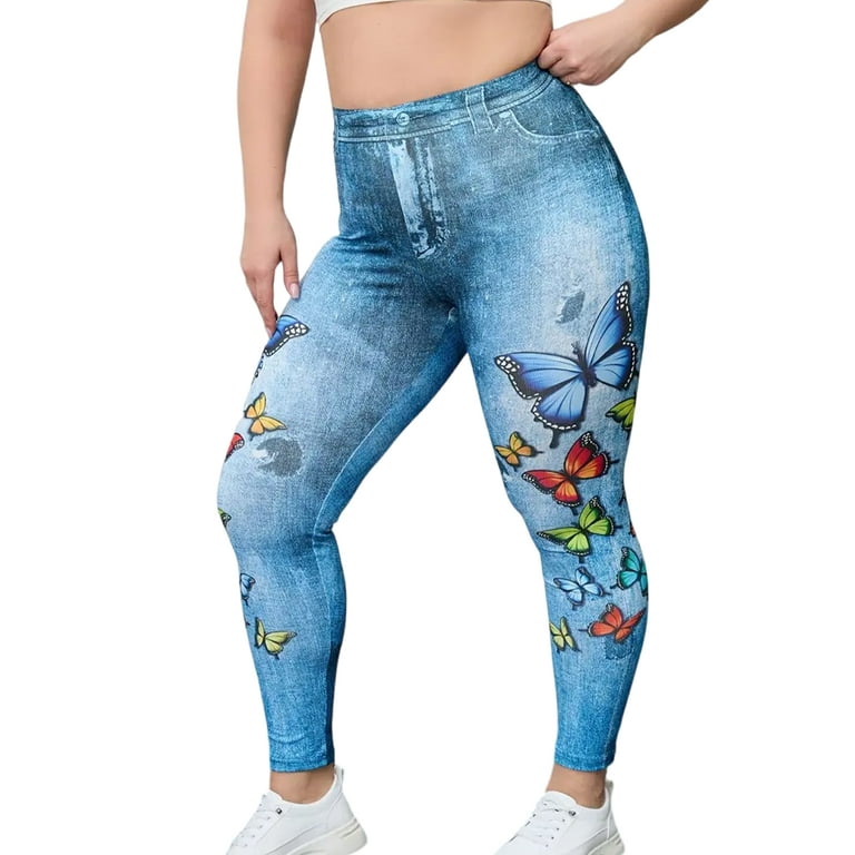 Glonme Women Fake Jeans High Waist Oversized Faux Denim Pant Tummy Control  Plus Size Leggings Sport Stretch Pencil Pants Soft Butt Lifting Jeggings  Blue XL 