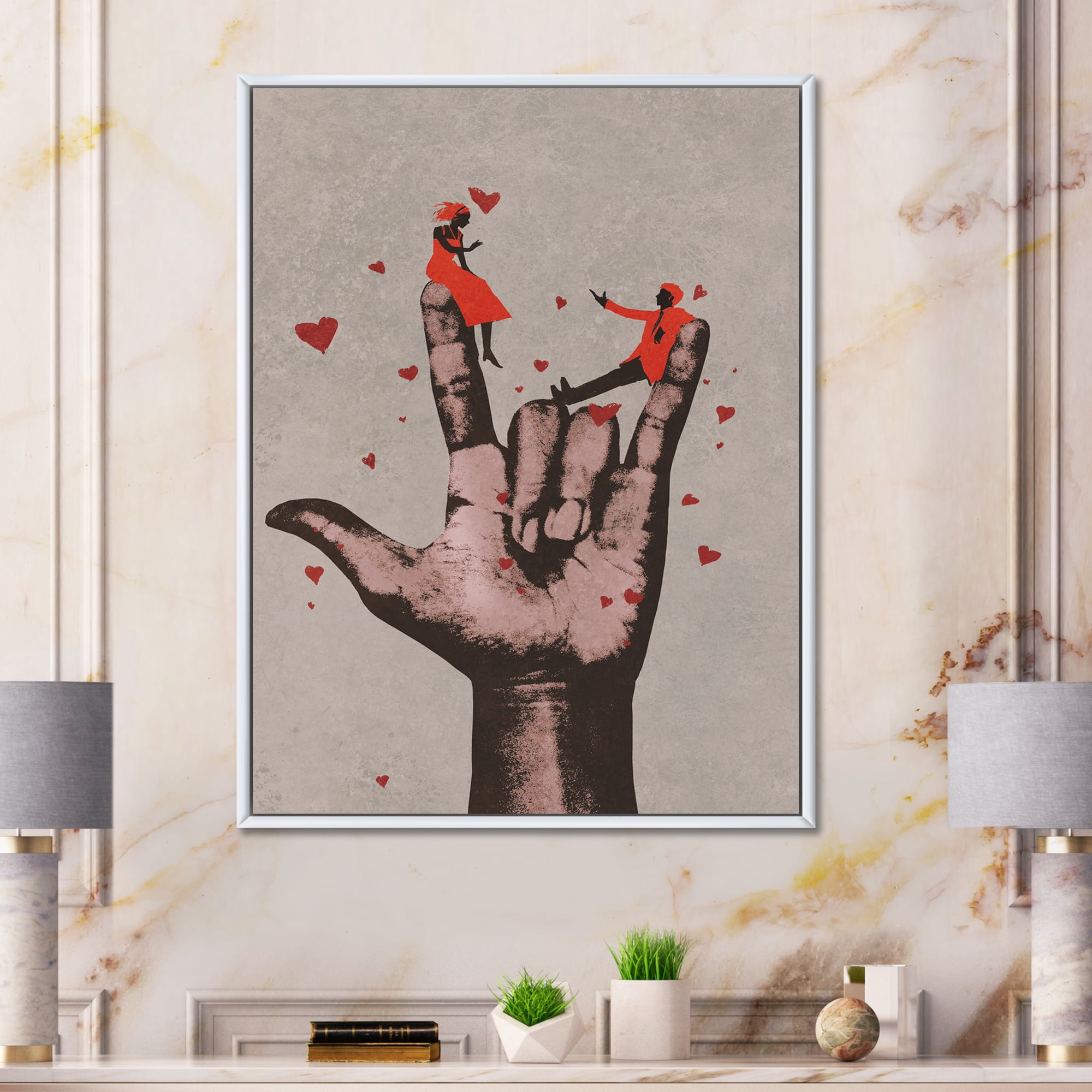 Designart 'I Love You Hand Sign With Romantic Couple' Modern Framed Canvas Wall Art Print