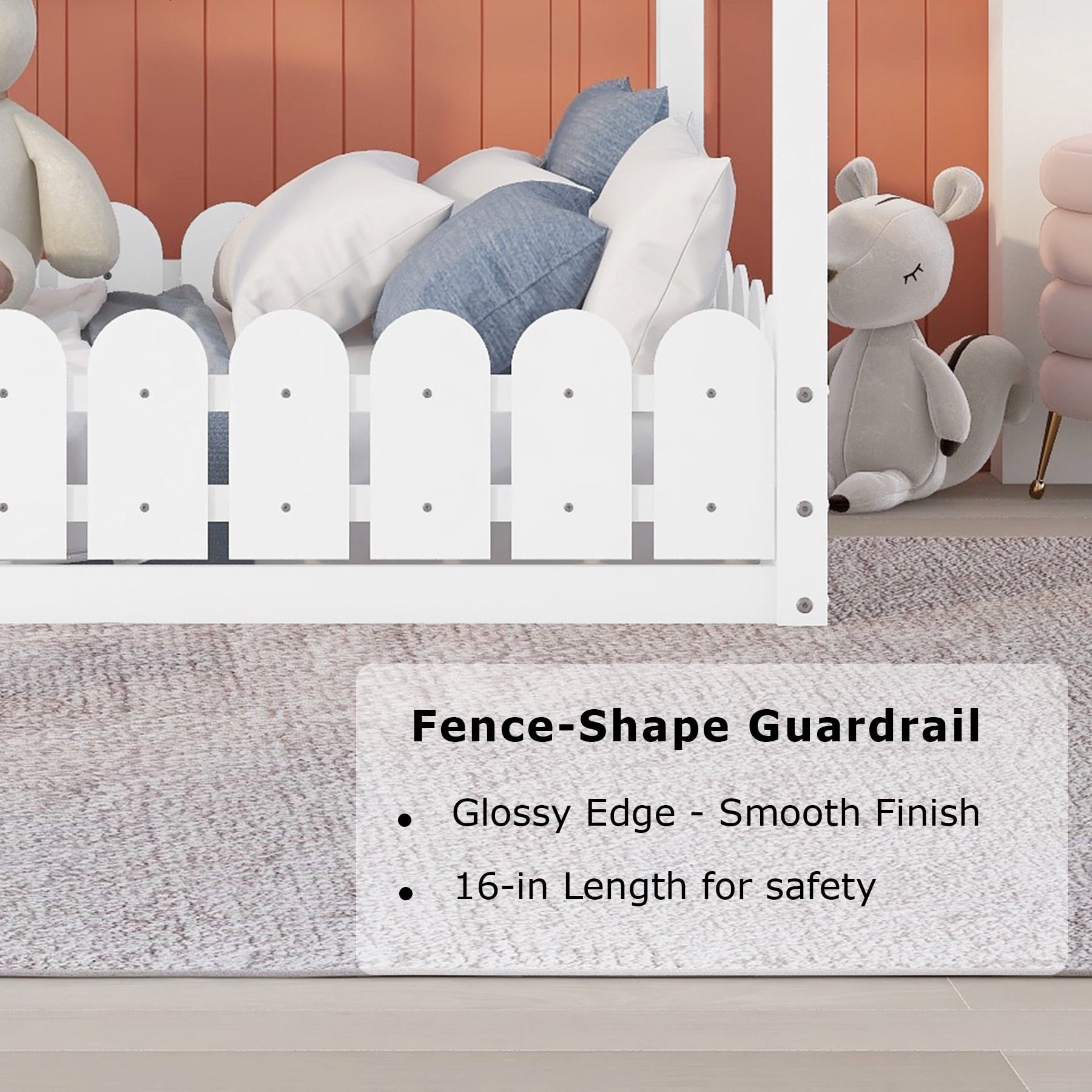 Gewnee Full Size Montessori Bed with Fence, Kids Wood House Bed Frame,White