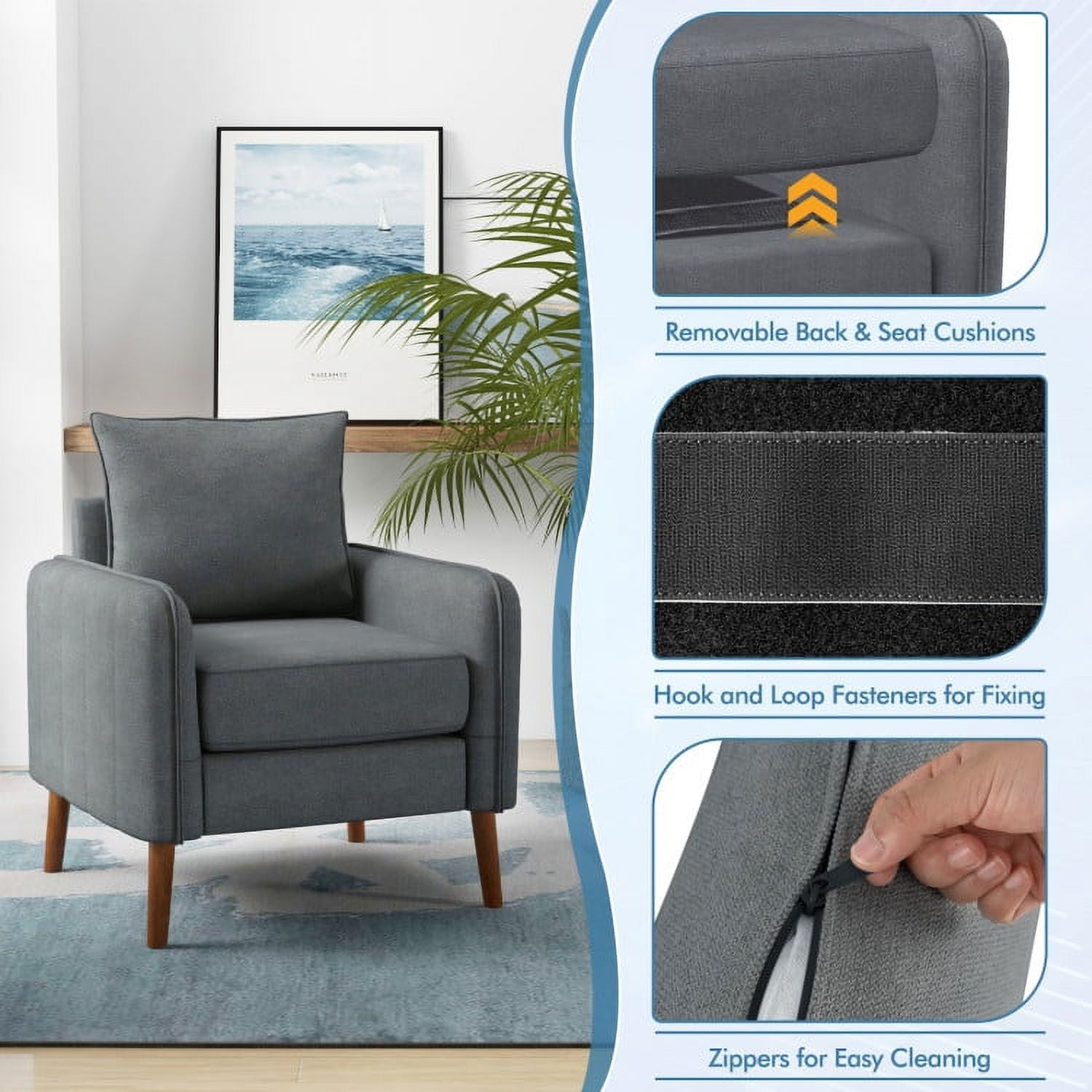 Finihen Upholstered Accent Armchair, Fabric Upholstered Sofa Chair with Removable Back and Seat Cushions, for Living Room, Bedroom, Gray