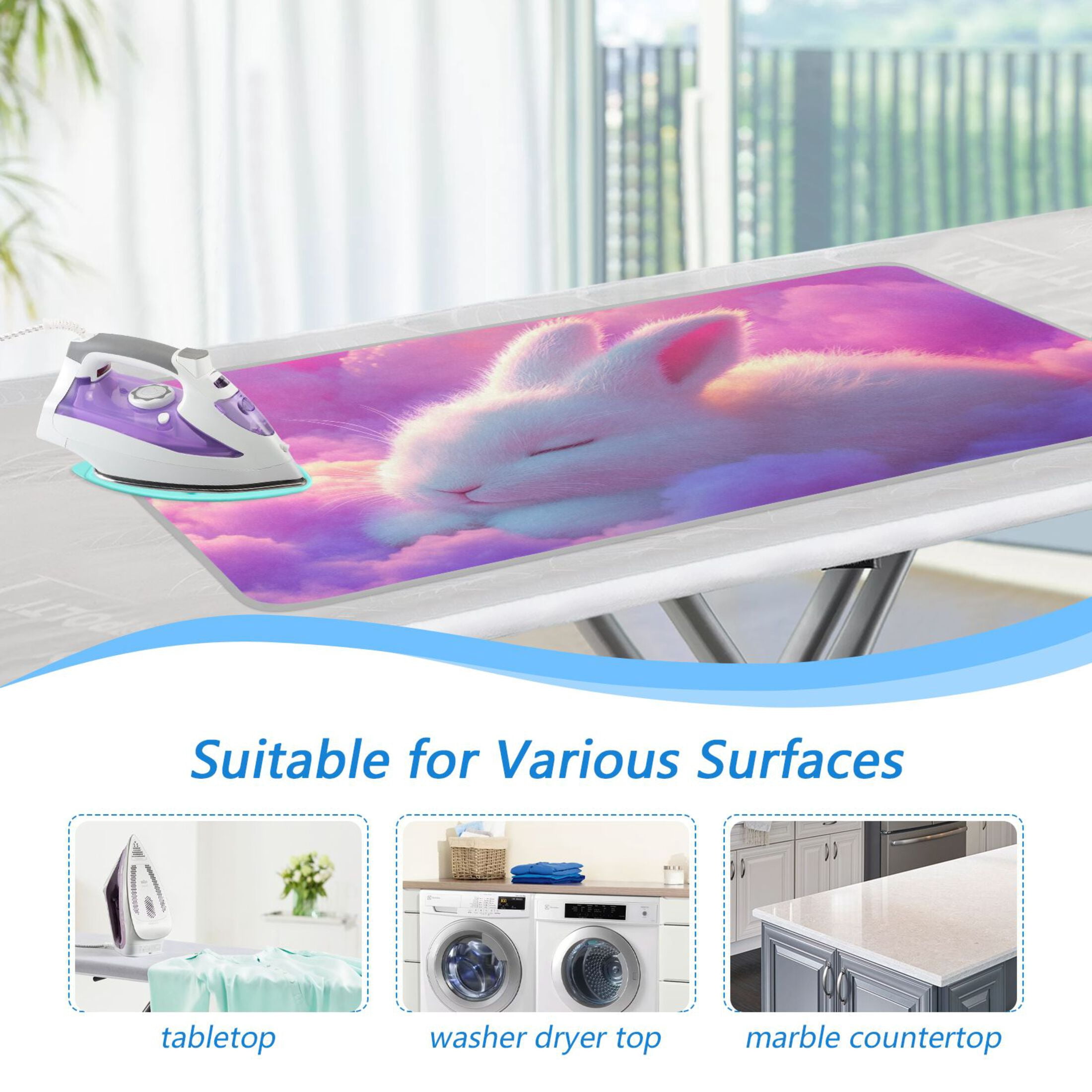 Cute Rabbit Sleeping on Dreamy Clouds Ironing Mat Blanket Portable Travel Ironing Pad Heat Resistant Pad 47.2" x 27.6”