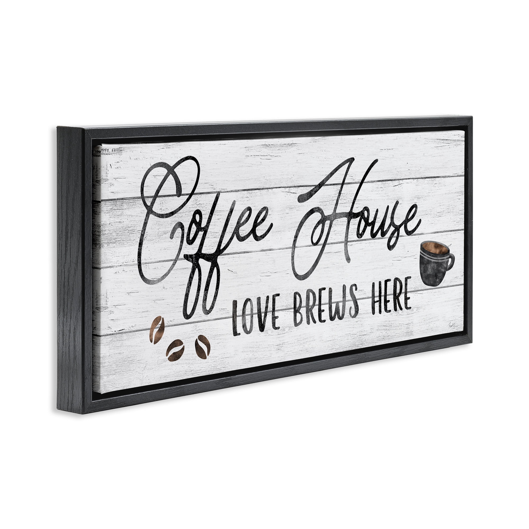 Stupell Industries Coffee House Love Brews Here Food & Beverage Painting Black Floater Framed Canvas Art Print Wall Art, 25 x 11