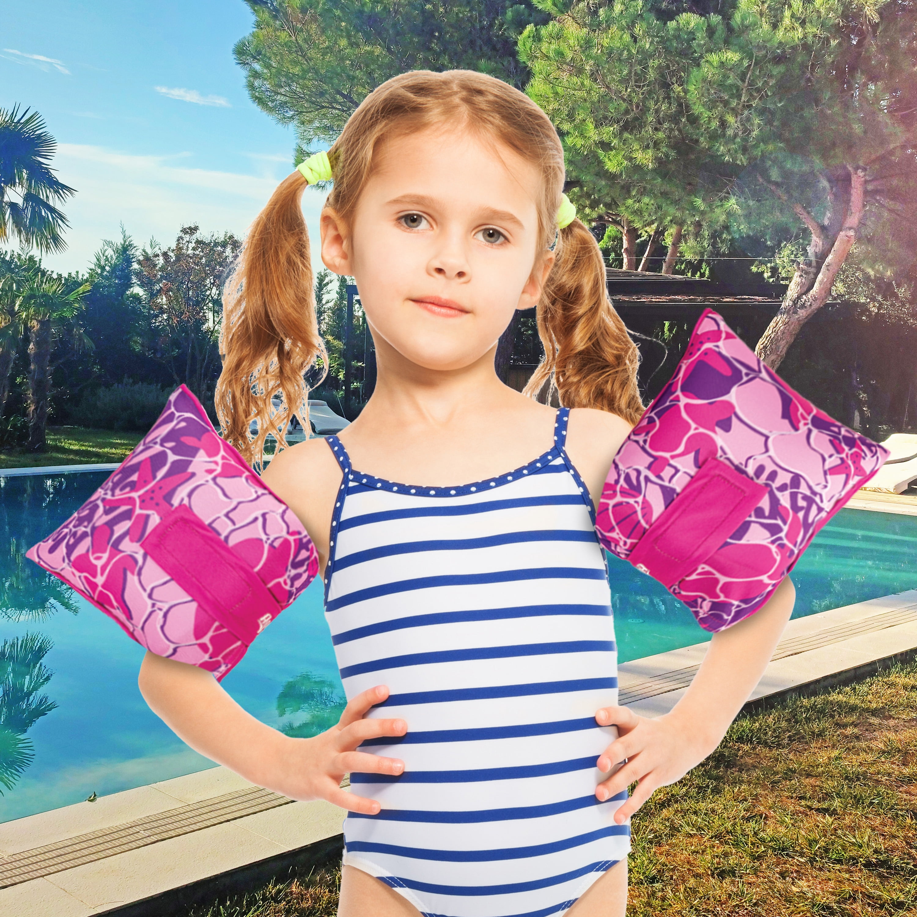 (2 pack) SwimSchool Adjustable Fabric Arm Pool Floats for Children 50-80 lb, Unisex, Pink