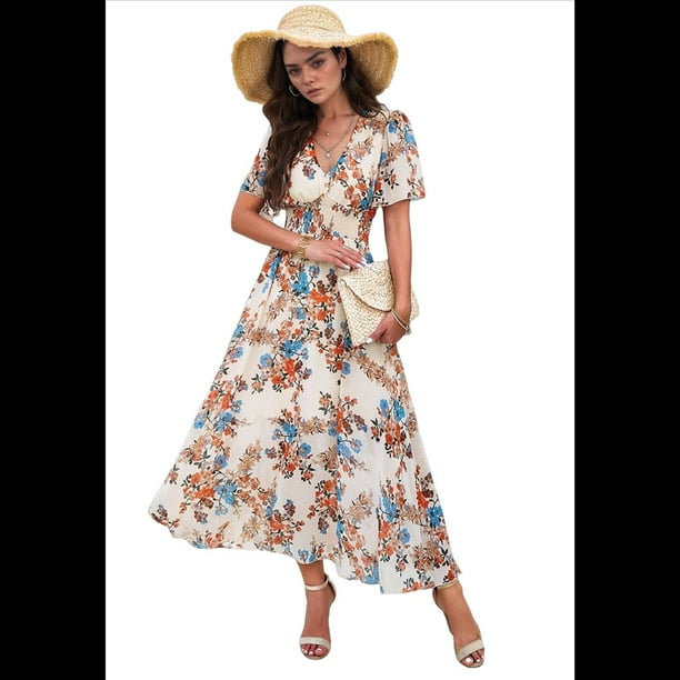 Vestido Cruzado de Verano para Mujer, con Cuello en V, Floral, Corta, para Invitadas de Boda, Informal, para Fiesta Albaricoque S