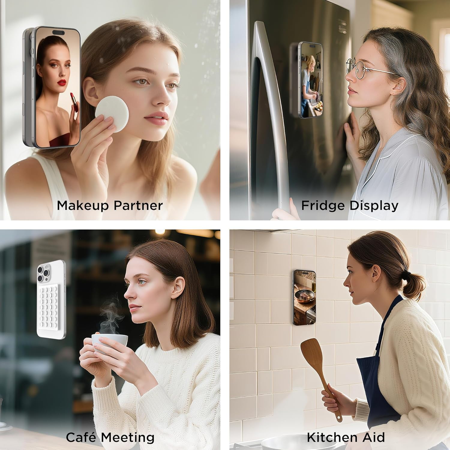 MKEUDQ-2 Pack Silicone Suction Cup Phone Case Mount Double-Sided, Hands-Free Strong Grip Holder for iPhone and Android, Sticky Phone Stand for Selfies and Videos, White+Transparent
