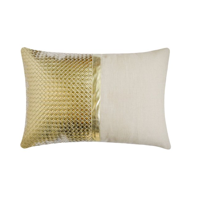 Funda de almohada lumbar decorativa HomeCentric dorada de 30 x 55 cm (12 x 22 pulgadas), con efecto patchwork de piel sintética, tejido de canasta, lino, rectangular, estilo moderno con estampado