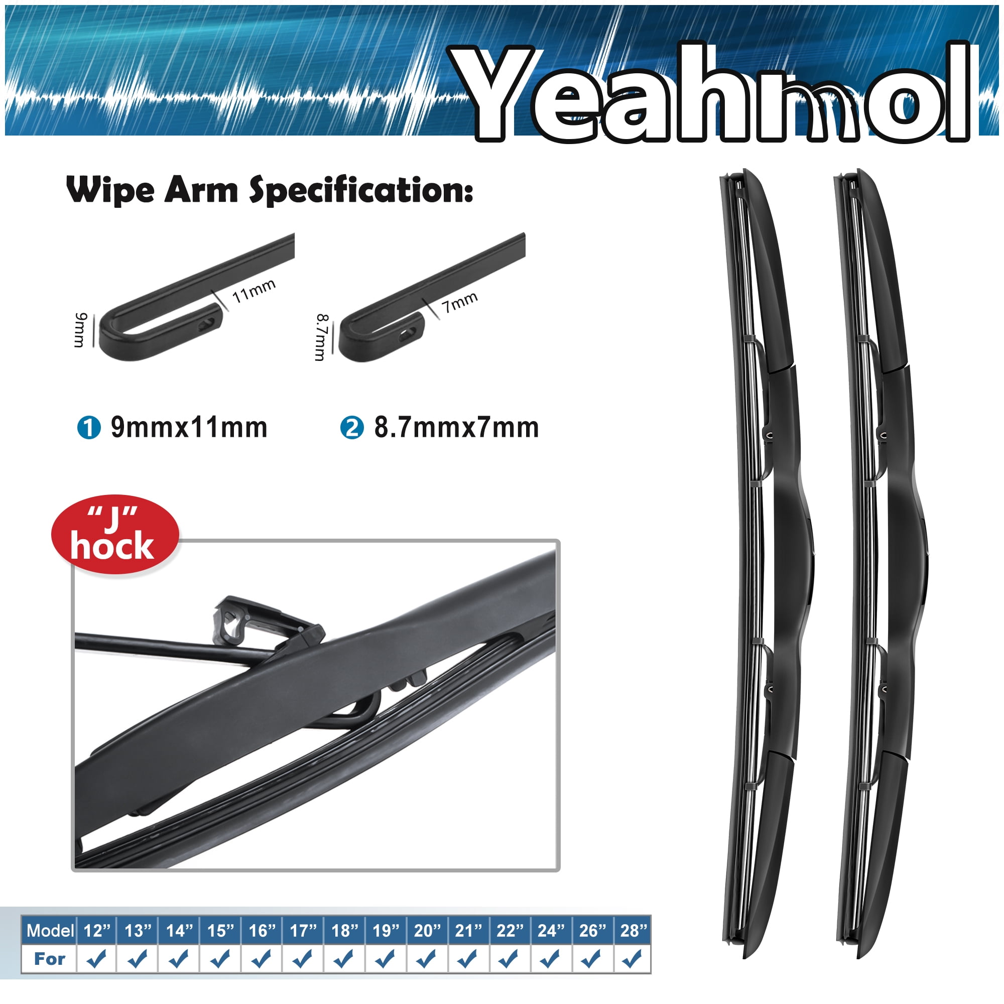 Yeahmol 22 in & 19 in Windshield Wiper Blades Fit For Ford Focus 2007 22'&19' Premium Hybrid Wiper Replacement For Car Front Window, Set of 2, J U HOOK Wiper Arm