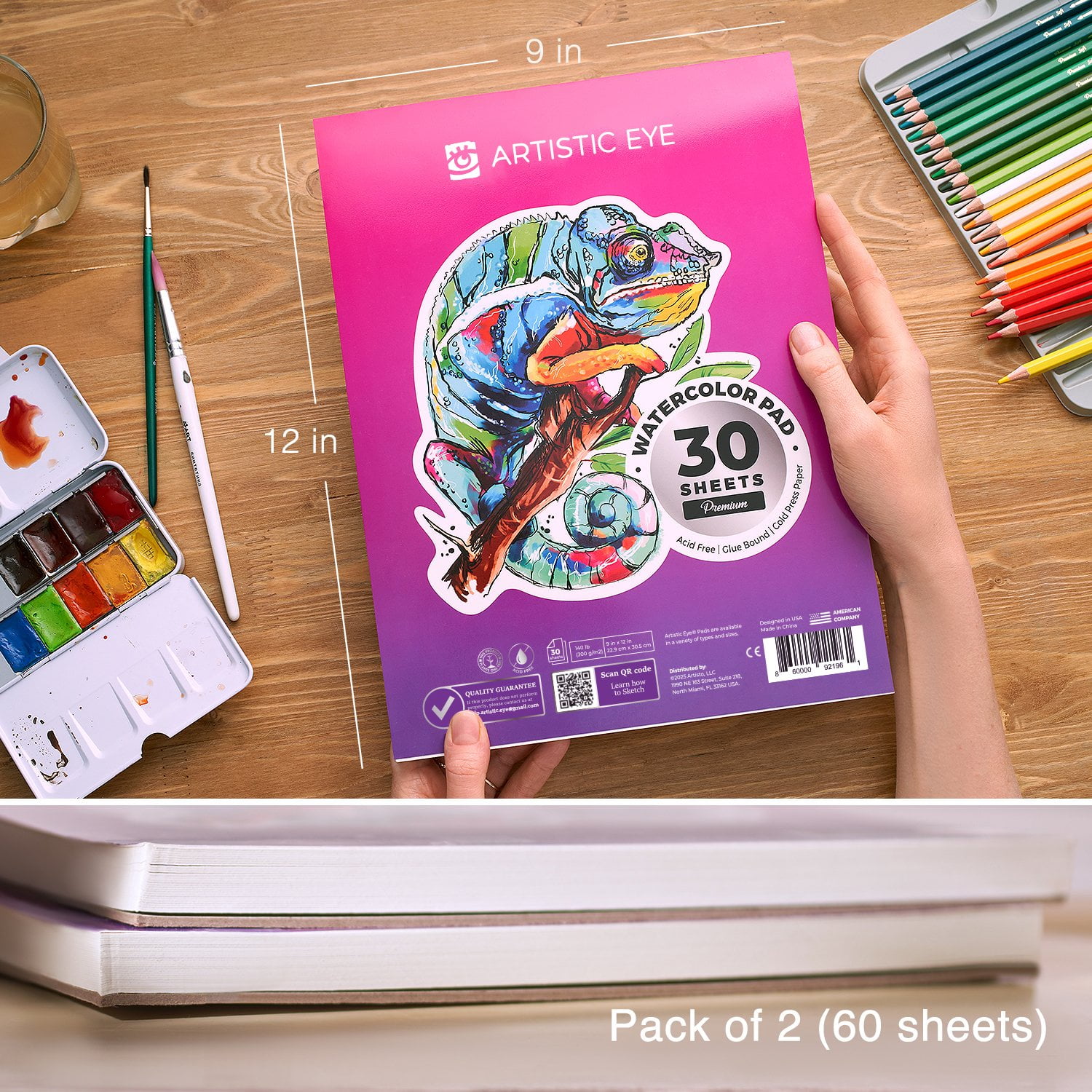 Watercolor Paper Pads, 9u2019x12u2032, 30 Sheets (140lb/300gsm) Pack Of 2, Acid