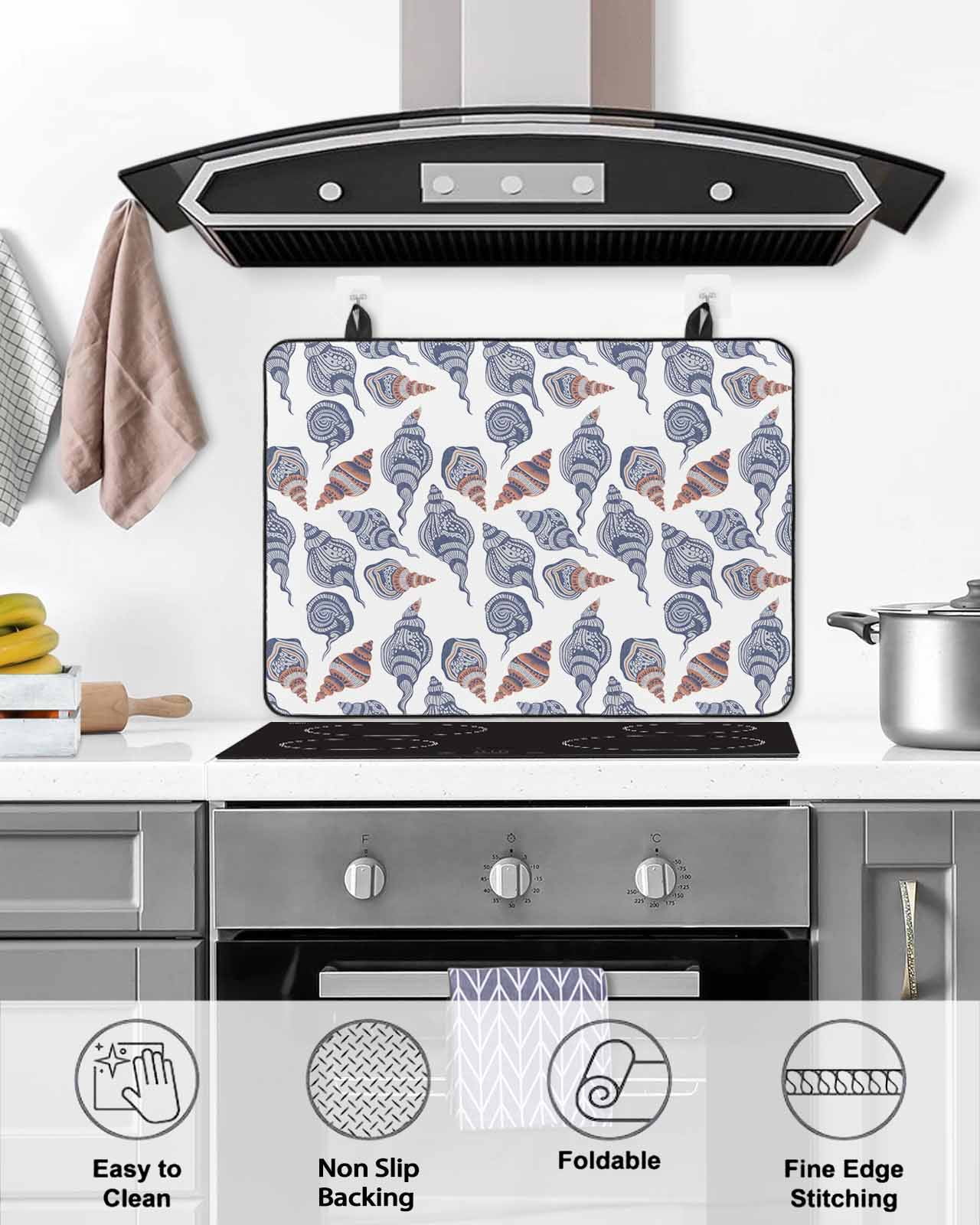 nqOlkjepod Large Induction Cooktop Protector Mat 36"x21", Grey Blue Coastal Stove Top Covers for Electric Stove, Summer Beach Conch Nautical Decorative Stove Burner Cover Mats, Glass Top Stove Cover