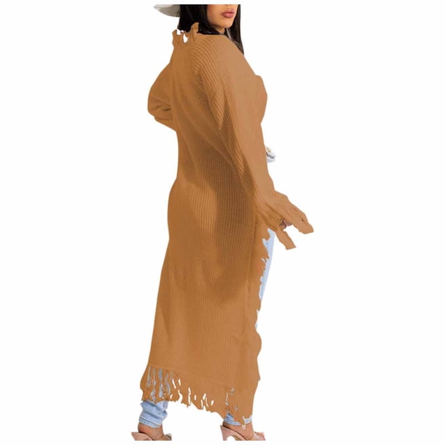 Pompotops Chandail Femme Décontracté à Franges Long Chandail Manches Longues Tricoté Chandail d'Hiver Hauts Blouse Liquidation