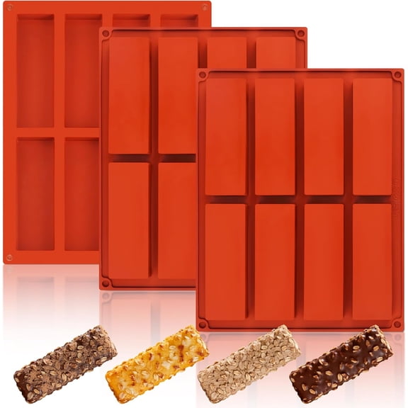 3Pcs Silicone Granola Bar Mold, 8-Cavity Rectangle Protein Bar Mold Silicone Baking Molds for Protein Bar, Non-stick Candy Chocolate Bar Mold for Chocolate Bars,Butter, Cereal, Energy Bars