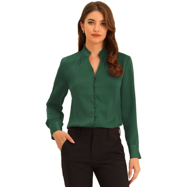 Camisa de satén con volantes para mujer Blusa de oficina de trabajo con botones de manga larga y linterna Verde Oscuro S