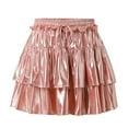 thumbnail image 4 of RUTAYY Women Metallic Skirt Shiny Flared Pleated Skirt Layered Ruffle Hem Mini Skirt Rave Skirt Solid Color Flowy Swing Skirts, 4 of 8