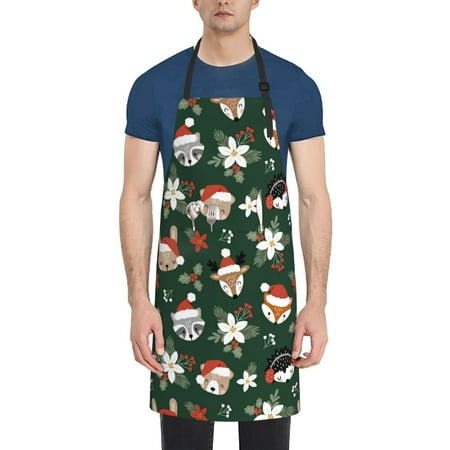 

Xecao Festive Forest Friends Print Kitchen Cooking Aprons Waterproof Adjustable Bib Aprons with 2 Pockets for Women Men Chef