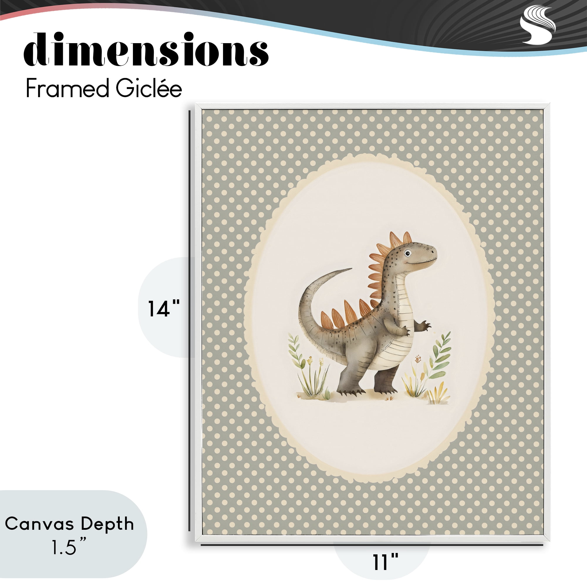 Stupell Industries Watercolor Dinosaur Polka Dot Border White Framed Giclee Art, design by LSR Design Studio