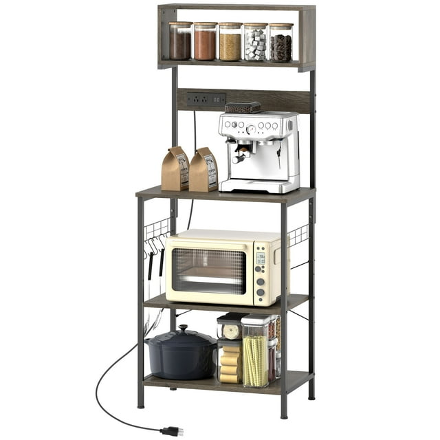 CoSoTower Baker's Rack with Charing Station, Microwave Shelf with Power Outlet, USB Charger and 5 Hooks, Distressed Grey