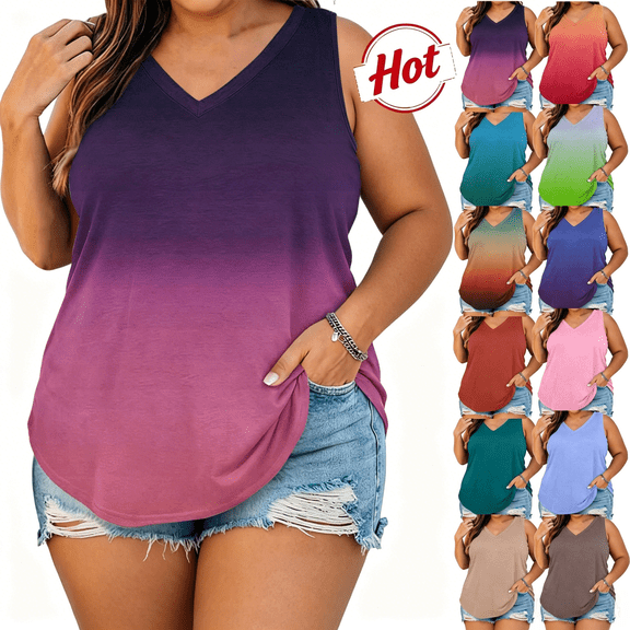 Hesxuno Women Plus Size Workout Tanks Oversized Gradient Sleeveless Tank Tops Summer V Neck Active Long Tops Gym Yoga Athletic Running Undershirts Blue