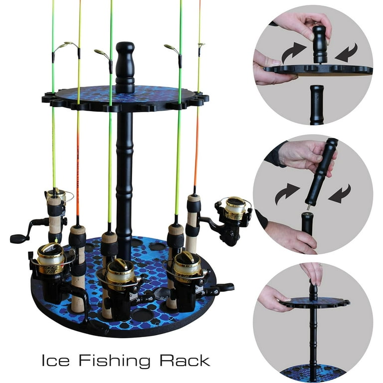 Rush Creek Creations 16-Rod Round Freshwater Fishing Rod Storage Rack,  Fishing Rod Holder with 16 Freshwater Rod Clips, Blue 