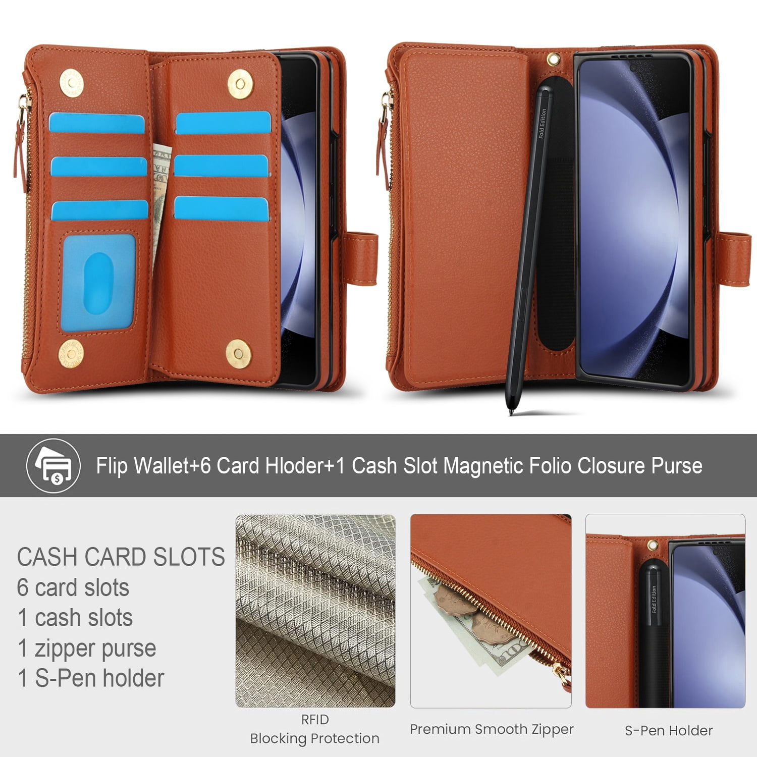 Allytechgroup for Samsung Galaxy Z Fold 7 Case Wallet, 7 Cards Slots Cash Zipper Pocket S Pen Holder Hand Strap Wrist Flip Cover Protective Phone Case for Samsung Galaxy Z Fold 7,Brown