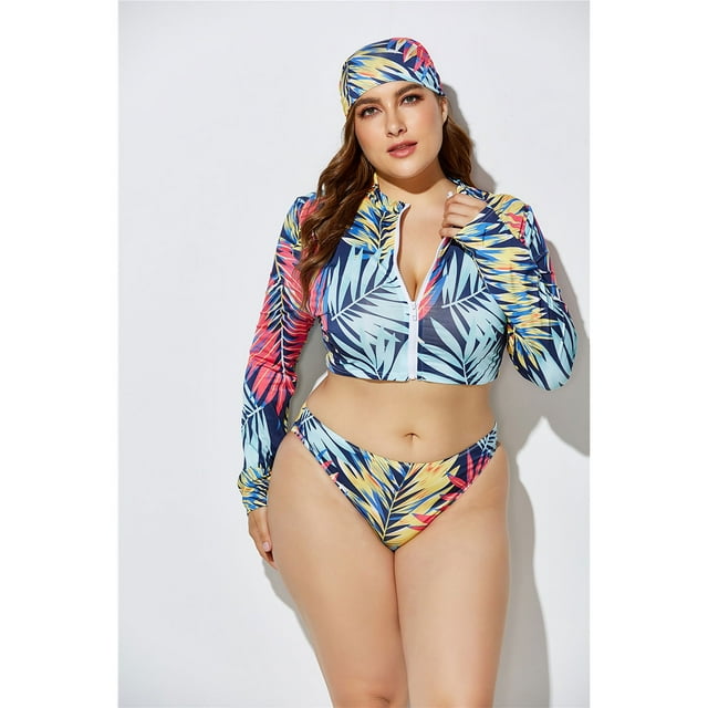 Womens Long Sleeve Zipper Front high Waist Thong Bikini Set 3 Piece Swimsuit