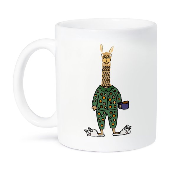3dRose, Cute Funny Llama in Polka Dot Pajamas with Coffee, 11oz Mug