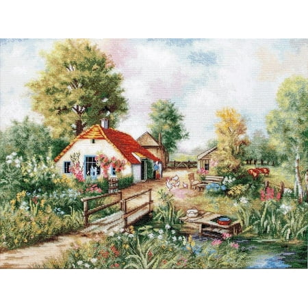 UPC: 4840746043383 | Counted Cross-Stitch Kit Village landscape BU4011L By Luca-S Needlework Trees House Grass Green Canvas Cotton