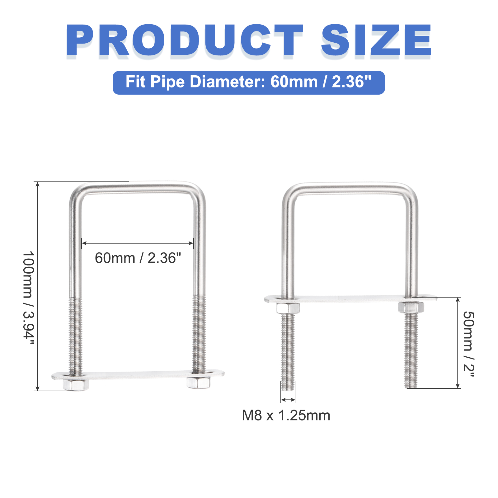 Uxcell 4 Sets M8 Square U-Bolts, 2.36" Inner Width 3.94" Length 304 Stainless Steel U Clamp Bolts with Nuts, Plates and Wrench