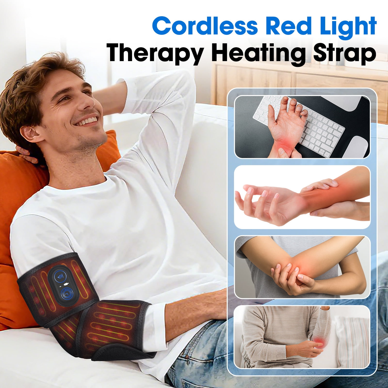 Red Light Therapy Heating Strap with 108 LEDs, Phototherapy Vibration Massage Band for Wrist, Arm & Neck, 3 Heat & Timer Settings, Rechargeable