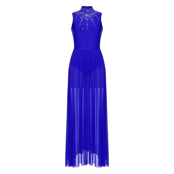 Nyeemya Women Rhinestone Shiny Lyrical Dance Dress Modern Dancewear Flowy Maxi Dress Blue XL