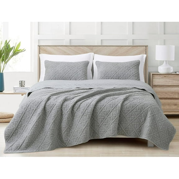 Chezmoi Collection Bethany 3-Piece Queen Sherpa Quilt Set - Floral Quilted Sherpa Blanket Reversible Washed Microfiber Lightweight Bedspread - Queen Size, Gray