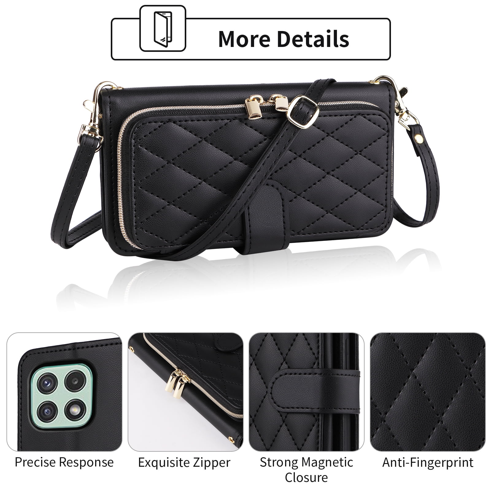 Furiet Wallet Case for Samsung Galaxy A22 5G/Boost Mobile Celero 5G with Wrist Strap, Shoulder Strap, 9+ Card Slots Zipper Purse, Leather Stand Phone Cover for Celero5G A 22 22A A22s G5 Women Black