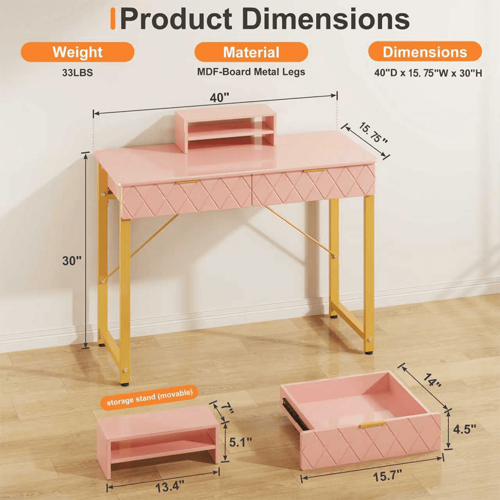 GYIIYUO Pink Modern Writing Desk with 2 Drawers, Office Desk with Glossy Curved Desktop, Computer Desk with Movable Stand for Bedroom Home Office, Pink and Gold