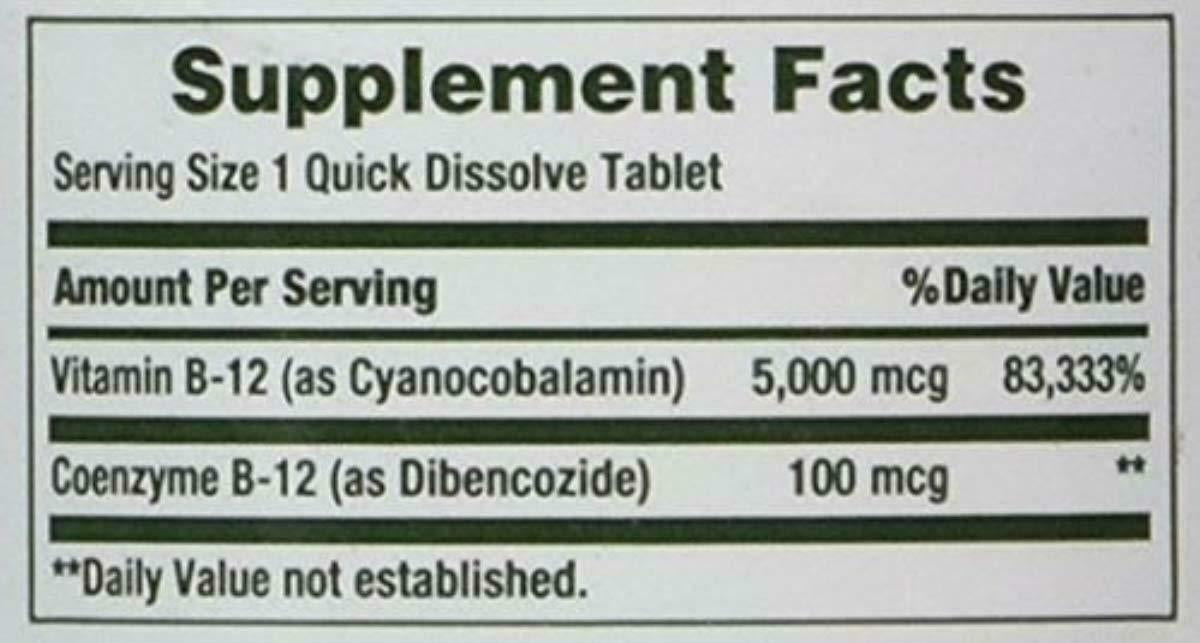 Nature's Bounty Vitamin B12 5000 mcg Quick Dissolve Tablets, Natural Cherry 40 ea (Pack of 2)