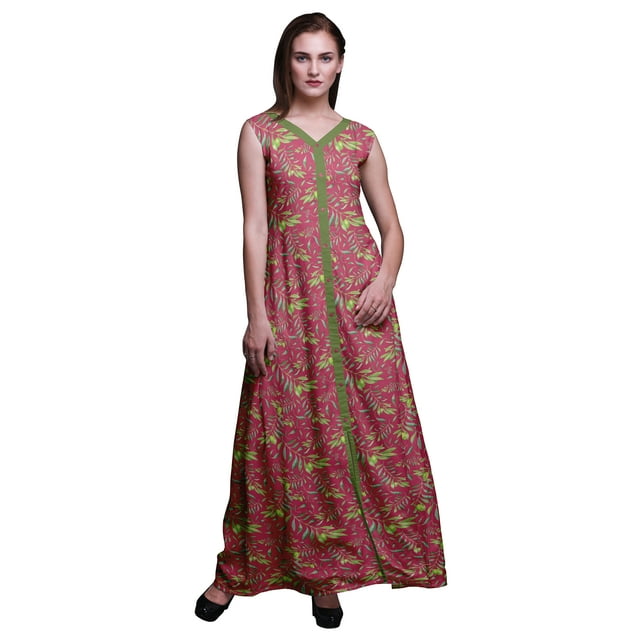Bimba Leaves Printed Front Slit Sleeveless Summer Spring Long Women BeachDress-Medium
