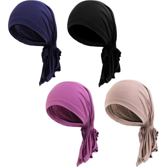 PHOGARY 4 Pack Bamboo and Cotton Chemo Headwear for Women, Pre-Tied Bandana Muslim Beanie Turban Head Scarf for Chemo Hair Loss Cancer Patients Sleep Caps